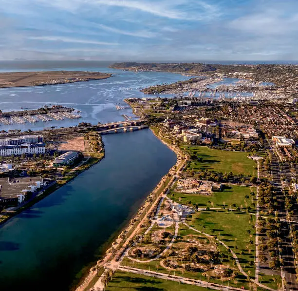 A spectacular overview from an airplane of San Diego, San Diego Bay, the Coronado Bridge and surrounding area.