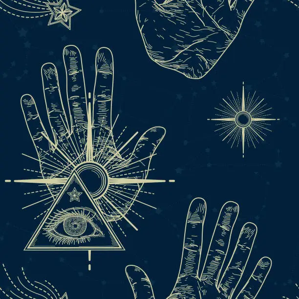 Vector illustration of Magic Occult Eye Hand Vintage Seamless Pattern