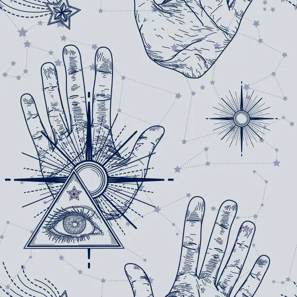 Vector illustration of Magic Occult Eye Hand Vintage Seamless Pattern