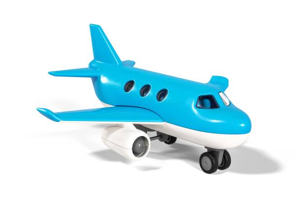 Plastic toy airplane White and blue plastic toy airplane isolated on a white background - 3D render toy airplane stock pictures, royalty-free photos & images