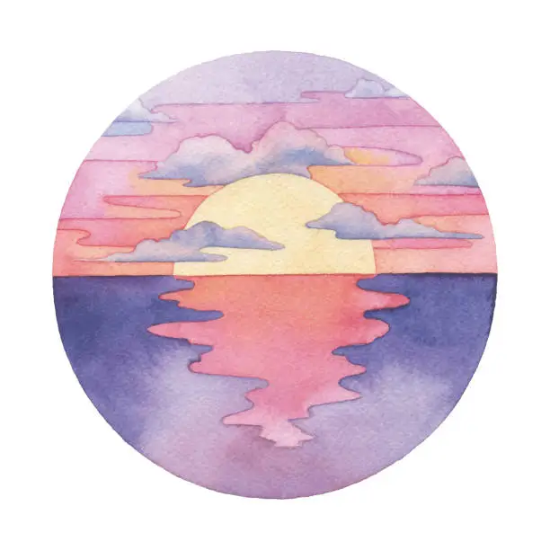 Vector illustration of Watercolor Illustration Of Sunset In Circle Frame