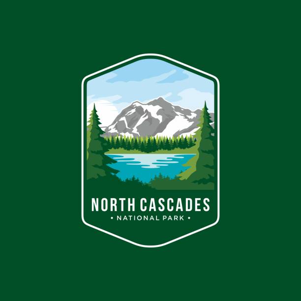 illustrations, cliparts, dessins animés et icônes de illustration de l’icône de l’emblème du parc national des north cascades sur fond sombre - cascade range