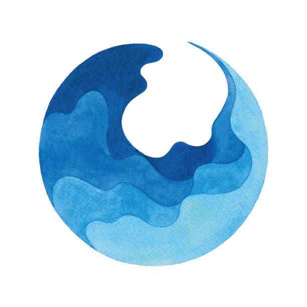 illustrazioni stock, clip art, cartoni animati e icone di tendenza di acquerello blu onda pittura in circle frame - wave curl