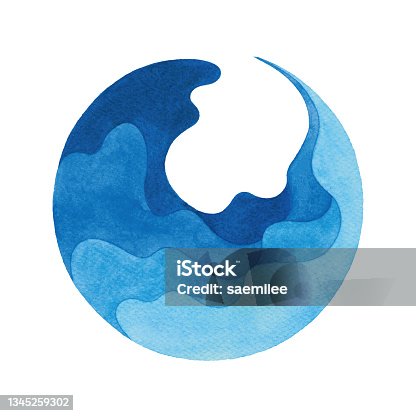 istock Watercolor Blue Wave Painting In Circle Frame 1345259302