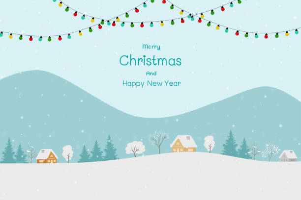 frohe weihnachten und einen guten rutsch ins neue jahr grußkarte mit niedlicher landschaft auf winterkonzept - snowflake winter blue paper stock-grafiken, -clipart, -cartoons und -symbole