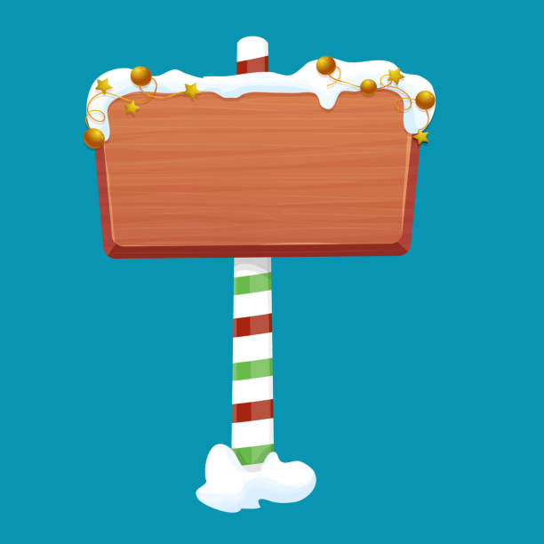 istock Christmas wooden signboard, road signs on striped stick with decoration, empty frame in cartoon style isolated on white background. Holiday decoration. Ui game asset. Vector illustration 1345260492
