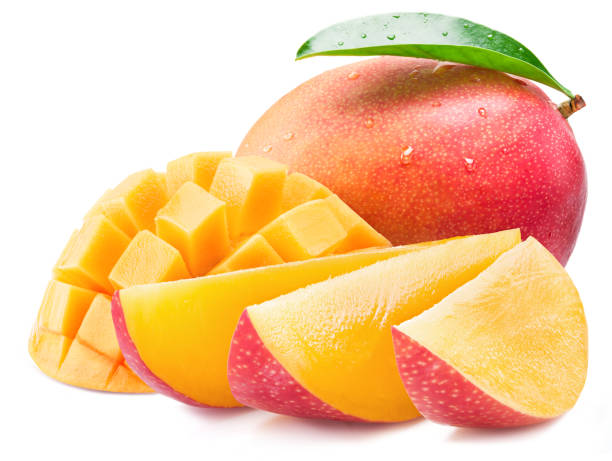 istock Mango fruit with mango cubes and leaves isolated on a white background. Organic food. 1345260509