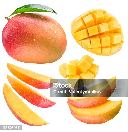 istock Mango fruit with mango cubes and leaves isolated on a white background. Organic food. 1345260511