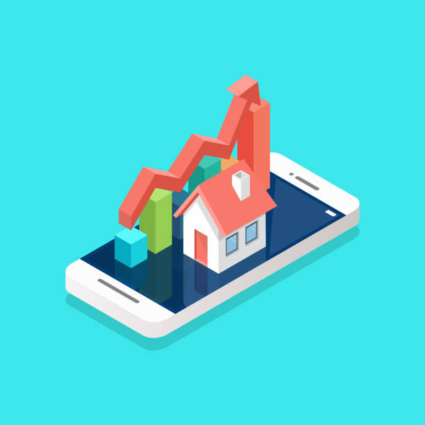 House icon and bar graph on smartphone isometric view House icon and bar graph on smartphone isometric view. Real estate concept. Vector illustration rental property management stock illustrations