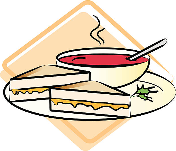 Food: Grilled Cheese Sandwich and Tomato Soup Grilled cheese sandwich and a bowl of tomato soup with a sprig of parsley on the plate. Can be easily edited for color and/or to remove elements. soup and sandwich stock illustrations