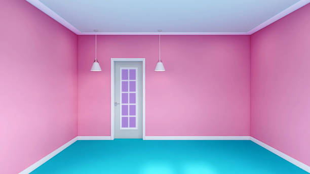 istock 3d illustration. Empty pink wall with door. 1345263507