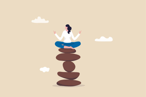 illustrazioni stock, clip art, cartoni animati e icone di tendenza di meditazione di consapevolezza per bilanciare lavoro e vita, guarigione della salute mentale con yoga rilassante, godere di libertà, pace e concetto di solitudine, calma donna pacifica medita seduta su una pila di piramide di roccia zen. - spirituality yoga zen like meditating