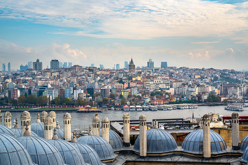 Istanbul, Turkey- Jan 9, 2023: View of Karaköy from Eminönü, Galata Tower can be seen in the background.