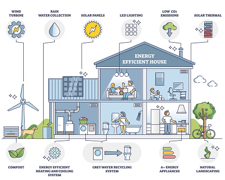 Energy efficient house with environmental resources usage outline diagram