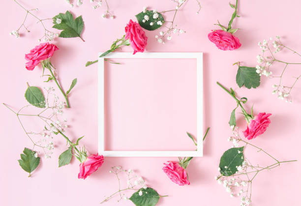 istock White square frame with pink roses on pink background. Minimalistic floral art composition. Copy space 1345268730