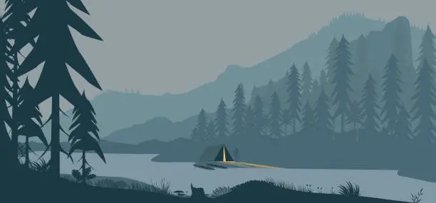 Vector illustration of Illuminated tent at the mountains near a river