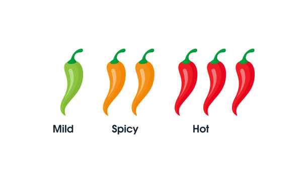 ilustrações, clipart, desenhos animados e ícones de marcas de nível de especiarias - leve, picante e quente. pimenta verde e vermelha. - vegies green chili pepper pepper