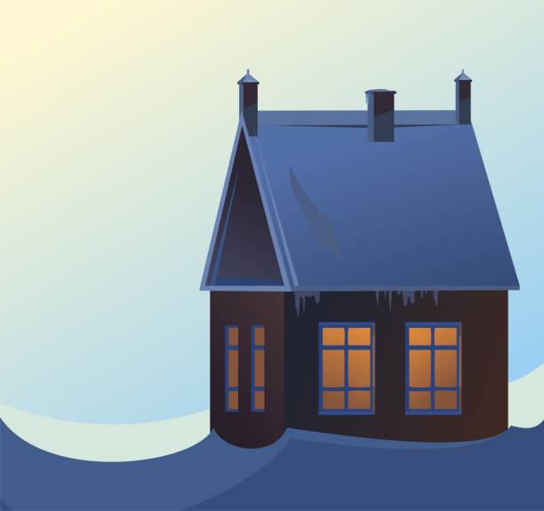 istock Rural small house in winter. Landscape. Dusk. Christmas night. Quiet winter evening. The gable roof is covered with snow. Nice and cozy suburban village. Flat cartoon style. Vector art 1345270902