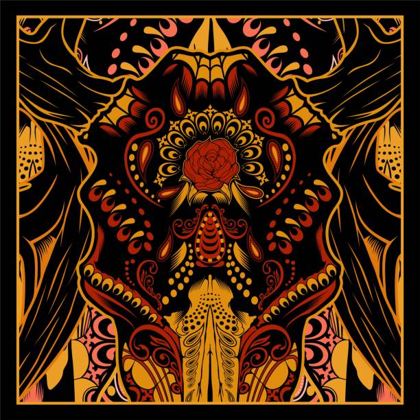 zabawny, nowoczesny, realistyczny, psychodeliczny, kosmiczny, geometryczny, gotycki, ezoteryczny, ciemny atmosferyczny deer skull ornamentalny wzór tła szablon grafika wektorowa ilustracja - voodoo stock illustrations
