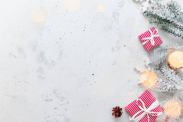 istock Christmas and New Year flat lay with two red white striped present gift boxes 1345271854