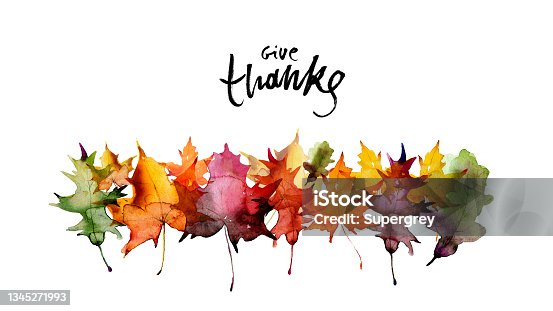 istock Happy thanksgiving text with watercolor autumn leaves 1345271993