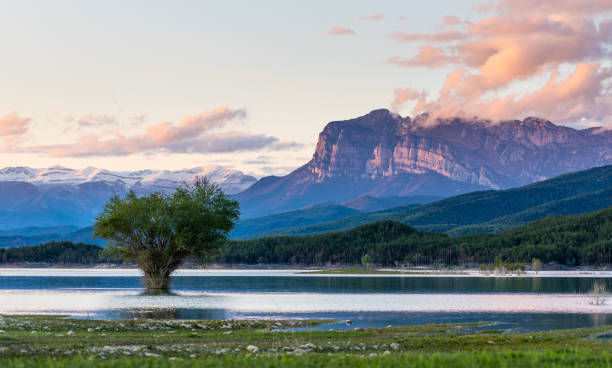 istock Landscape with warm sunset light, with lake and mountains 1345273592