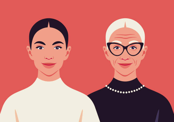 ilustrações de stock, clip art, desenhos animados e ícones de a grandmother and granddaughter.  the faces of a young and elderly women. - wrinkled