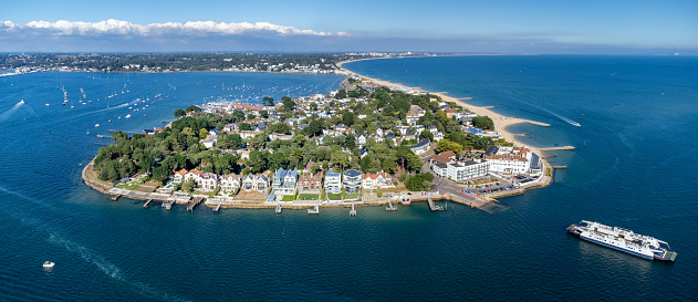 Aerial view of Sandbanks and Poole Harbour. Sandbanks is famed for its high property prices and for its award-winning beach.