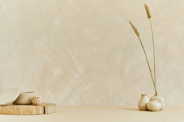 istock Minimalistic interior design with copy space, natural materials as wood and marble, dry plants and personal accessories. Neutral beige colours, template. 1345280083