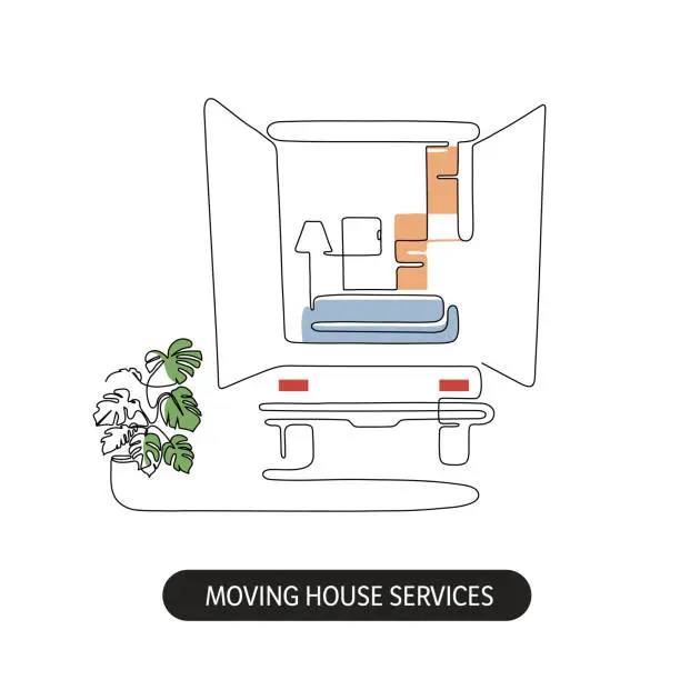 Vector illustration of Continuous line drawing of a concept moving house service.