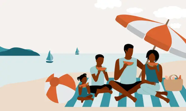 Vector illustration of Black Family At The Beach.