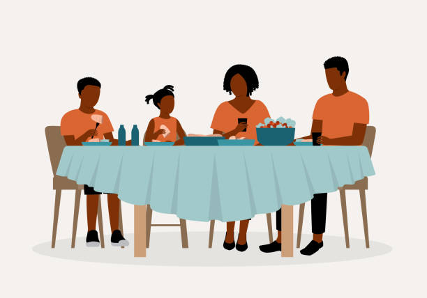 ilustraciones, imágenes clip art, dibujos animados e iconos de stock de familia negra comiendo juntos. - dining table illustrations