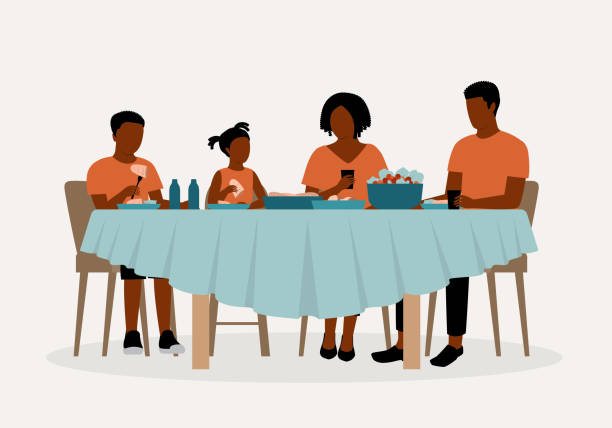 一緒に食事をする黒人家族。 - dining table table cartoon dining点のイラスト素材／クリップアート素材／マンガ素材／アイコン素材