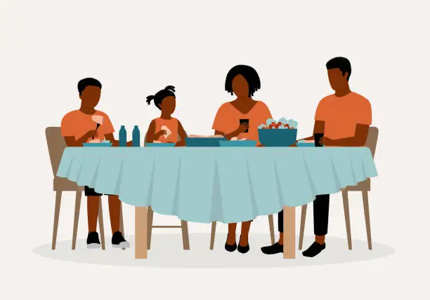 Vector illustration of Black Family Eating Meal Together.