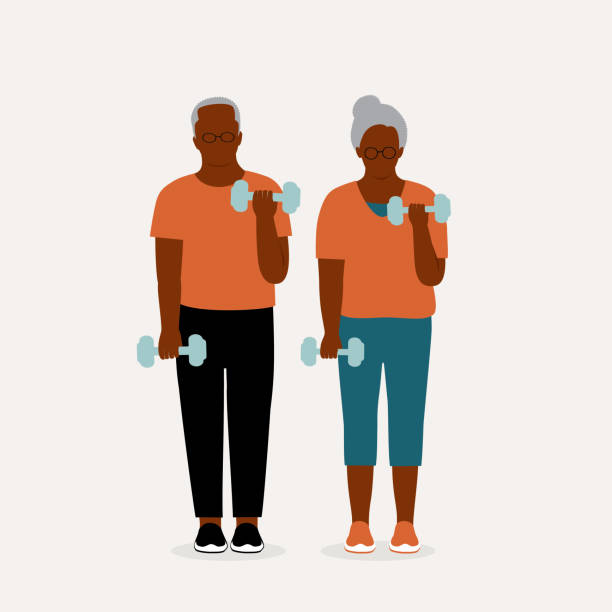 Senior Black Couple Doing Workout Together. Old Black Couple Doing Dumbbell Workout Together. Full Length, Isolated On Solid Color Background. Vector, Illustration, Flat Design, Character. cartoon of the older people exercising gym stock illustrations