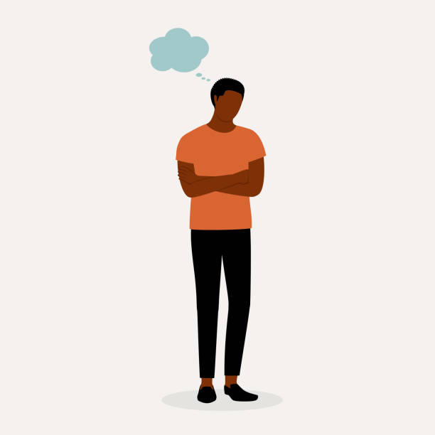 Black Man Thinking. Young Black Man Thinking With Arm Crossed. Full Length, Isolated On Solid Color Background. Vector, Illustration, Flat Design, Character. man cross arms stock illustrations