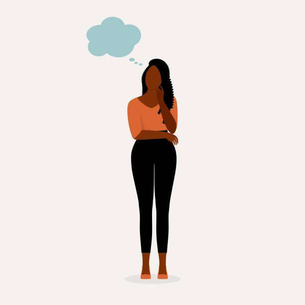 Black Woman Thinking. Young Black Woman Thinking With Hand On Chin And Looking Up. Full Length, Isolated On Solid Color Background. Vector, Illustration, Flat Design, Character. hand on chin stock illustrations