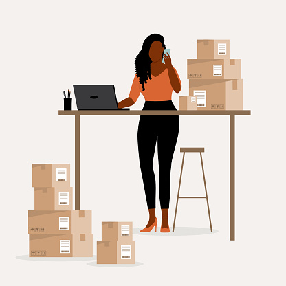 Young Black Businesswoman Working With Laptop And Smartphone Preparing Packages For Delivery. Full Length, Isolated On Solid Color Background. Vector, Illustration, Flat Design, Character.