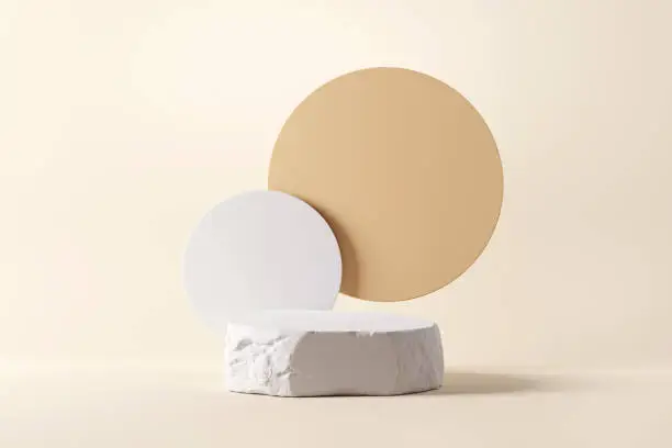 White stone rough plate object display podium with circle, for product, 3d rendering