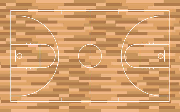 illustrazioni stock, clip art, cartoni animati e icone di tendenza di vista dall'alto della linea del campo da basket con pavimento in legno - bruno arena