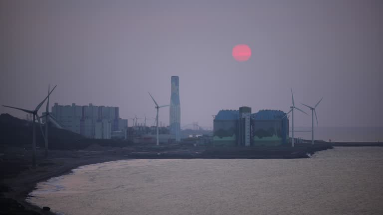 Thermal power plants and wind power Day to night Time-lapse