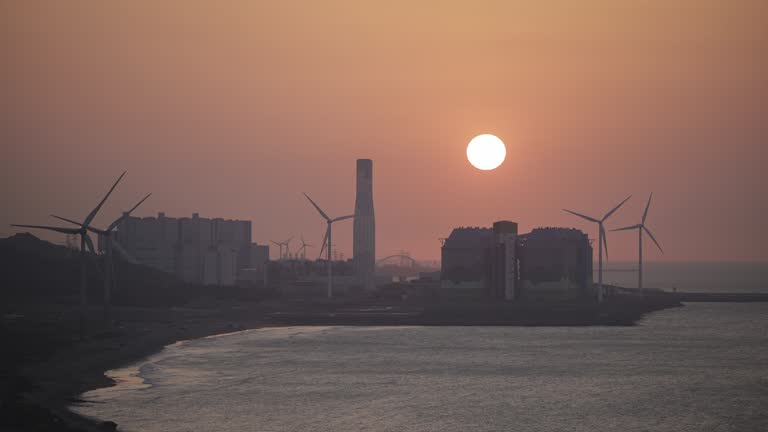 Thermal power plants and wind power Day to night Time-lapse