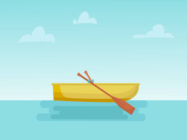 gelbes ruderboot auf see. horizontaler hintergrund mit meereslandschaft - rowboat stock-grafiken, -clipart, -cartoons und -symbole