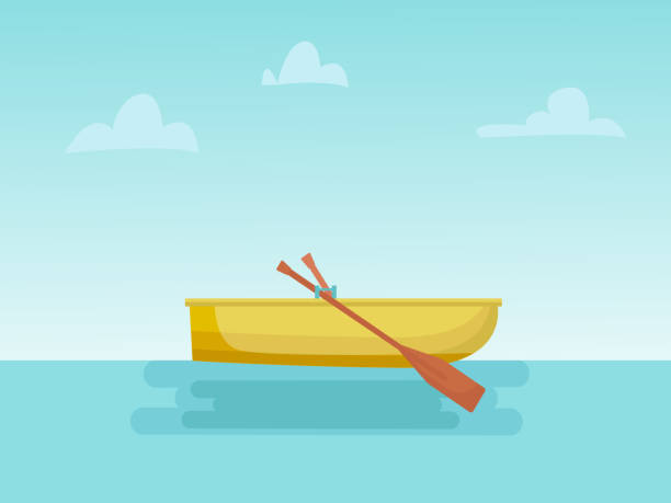ilustrações, clipart, desenhos animados e ícones de barco a remo amarelo no mar. fundo horizontal com paisagem marinha - rowboat
