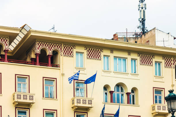 istock Greek flag in Thessaloniki, Greece 1345285055