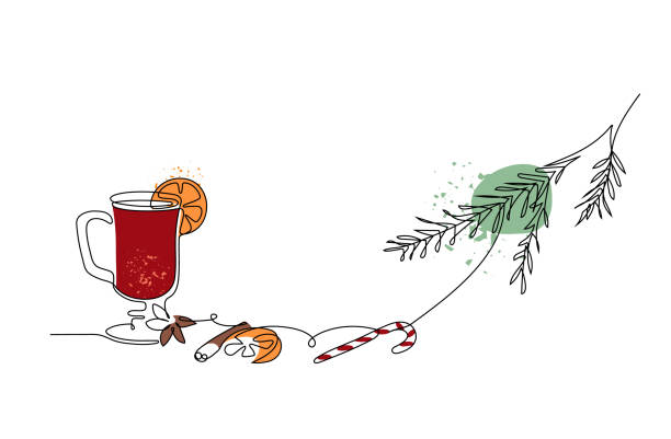 eine linienzeichnung eines weihnachtsgweins mit gewürzen und früchten. - glühwein stock-grafiken, -clipart, -cartoons und -symbole