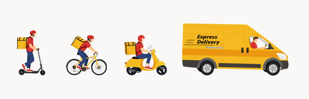 istock Online delivery service concept, online order tracking, home and office delivery. Vector illustration of couriers on a scooter, bicycle, car. Webpage, Application Design 1345286218