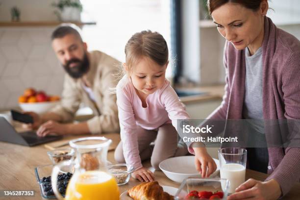 Family With Small Daughter Indoors In Kitchen At Home Everyday Life And Home Office With Child Concept Stock Photo - Download Image Now