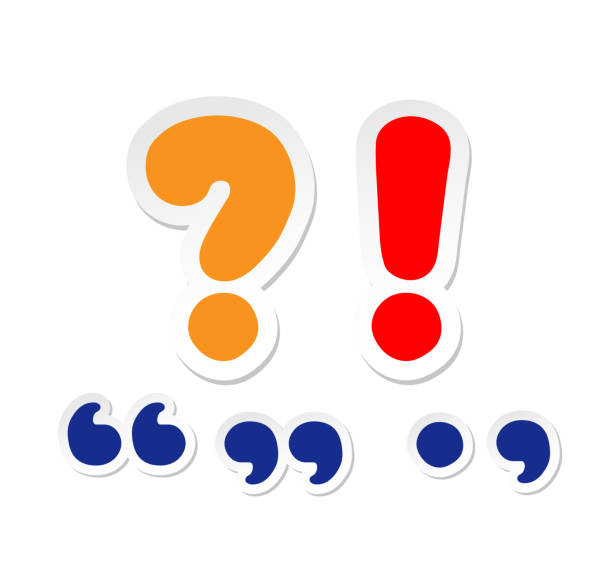 Large question mark, exclamation mark. Cartoon quotation marks,  period and comma. Color paper sticker.  Large question mark, exclamation mark. Cartoon quotation marks,  period and comma. Vector illustration. textual symbol stock illustrations