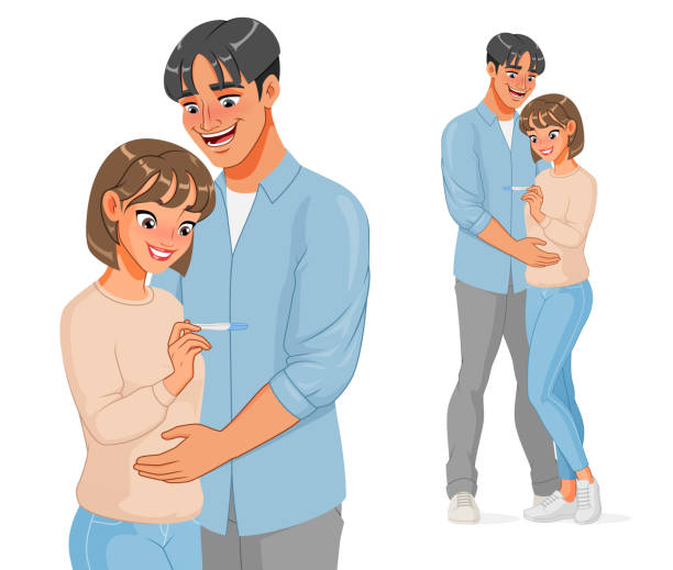 Happy pregnant Asian couple with pregnancy test. Vector illustration. Smiling pregnant woman and her husband with positive pregnancy test result. Happy young Asian couple expecting a baby. Cartoon vector illustration. family planning together stock illustrations